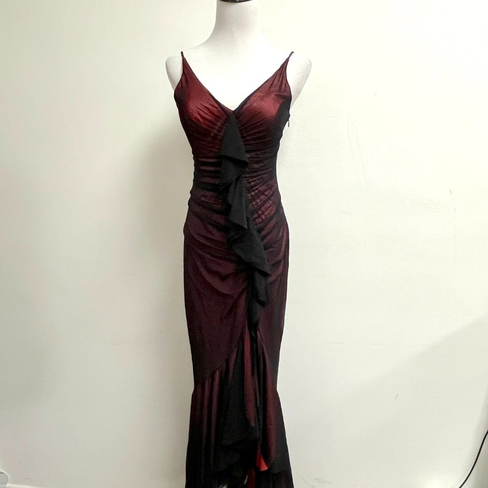 Cache Gown Red Black Mesh Ruffles Maxi Slip Dress… - image 1
